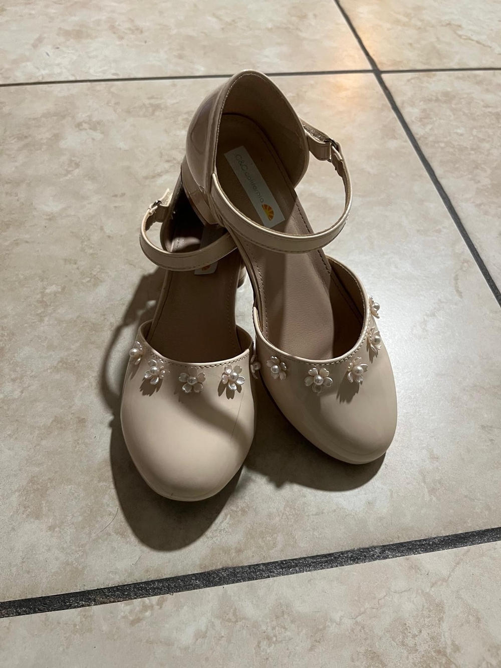 Girls Cream Floral Pearl Ankle-Strap Dress Shoes